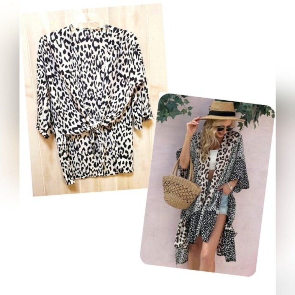 Peach Love Leopard Duster Kimono Shrug B&W Front tie Size Sm